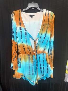 veryJ Tie-Dye Long Sleeve Ruffle Hem Romper